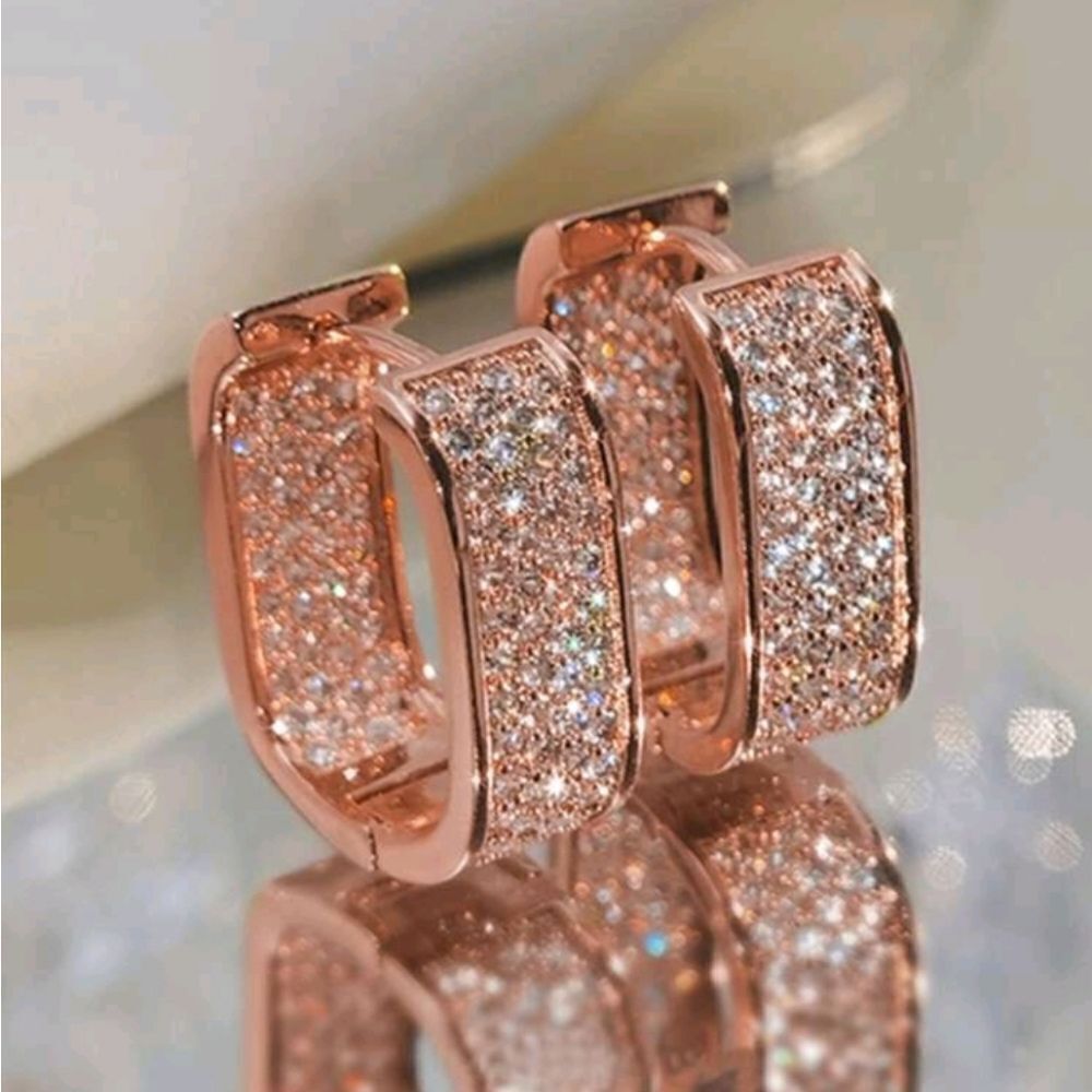 New Rose Gold Cluster Pave Simulated Diamond Oblong Mod Huggie Hoop Earr…